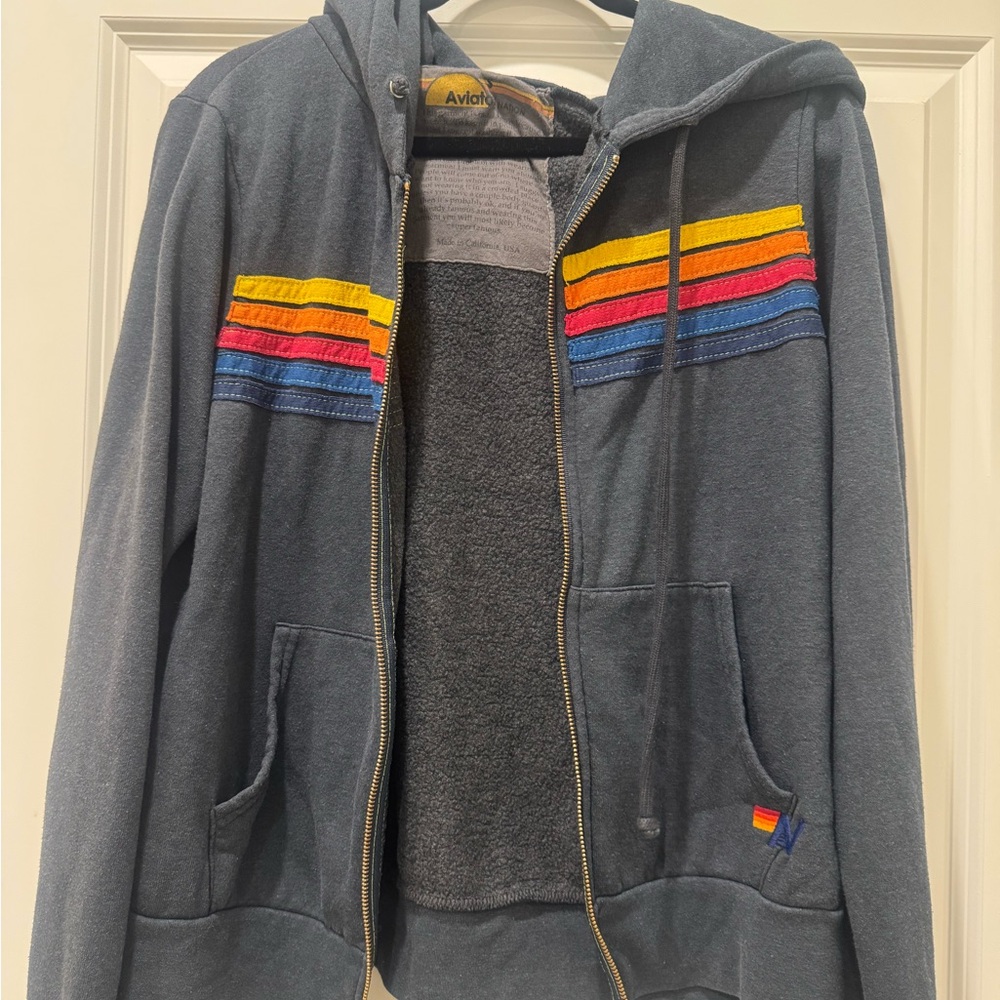 Aviator Nation Navy Zip-Up Hoodie with Rainbow Stripe